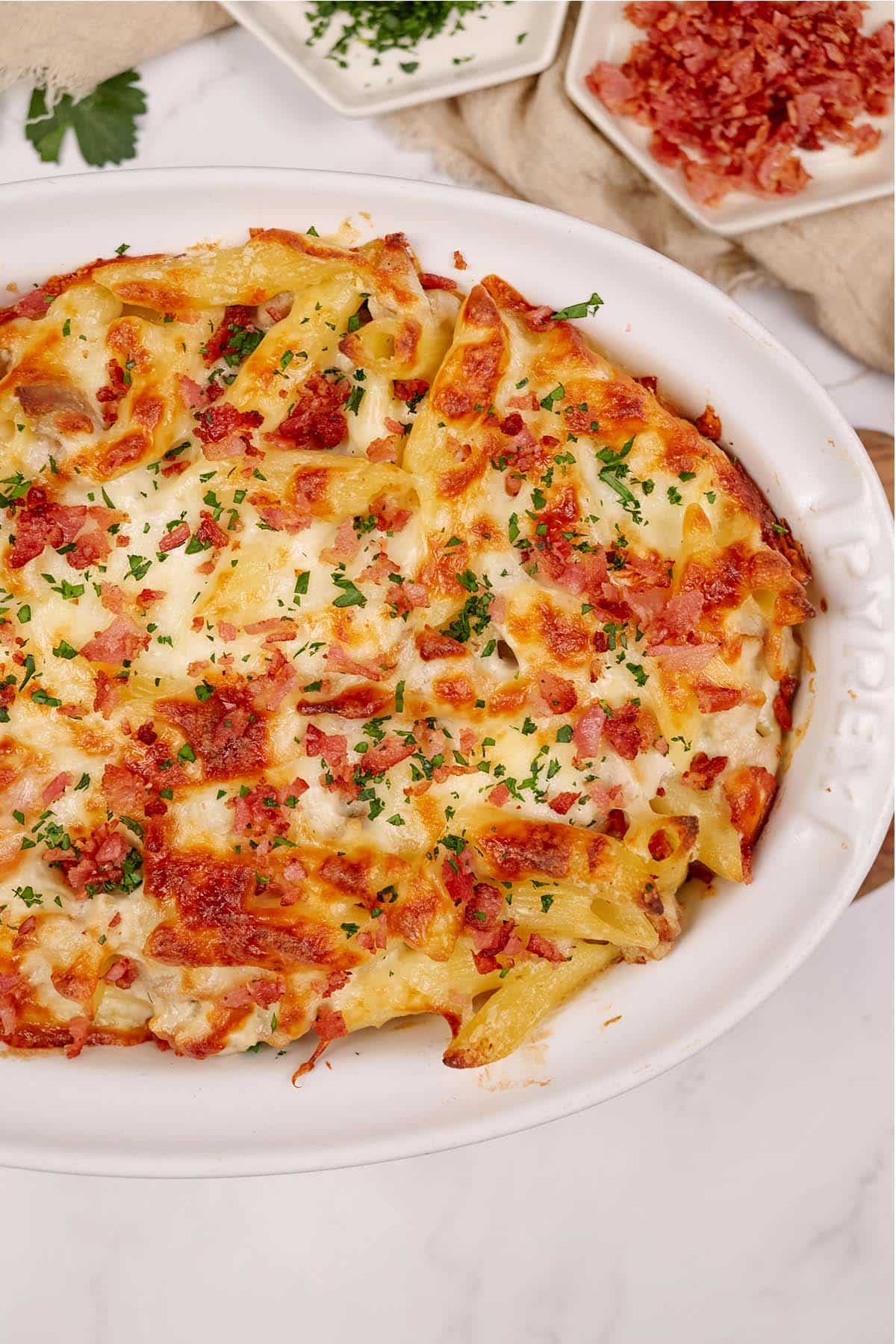 casserole dish of chicken and bacon casserole ready to serve