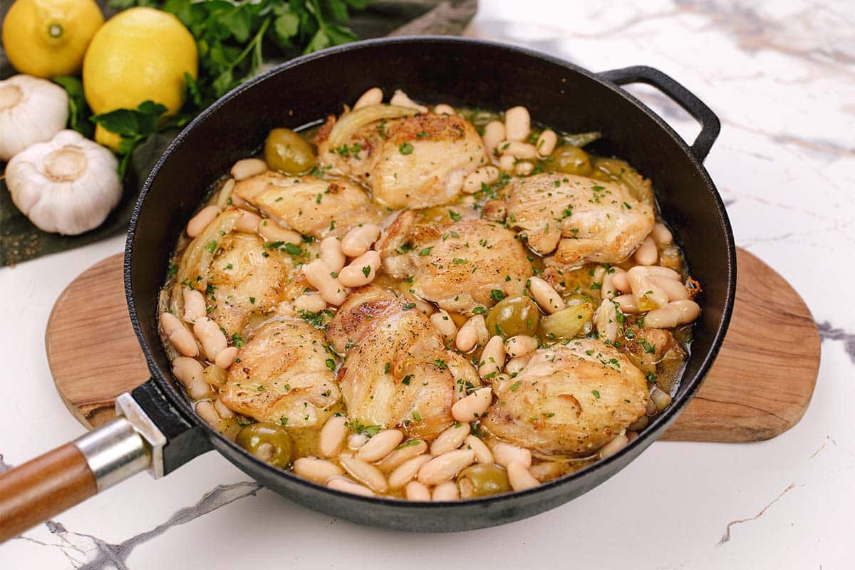 pan of Chicken and Bean Summer Casserole made with fennel and chicken thighs