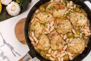 closeup of an overhead view of Chicken and Bean Summer Casserole using chicken thighs