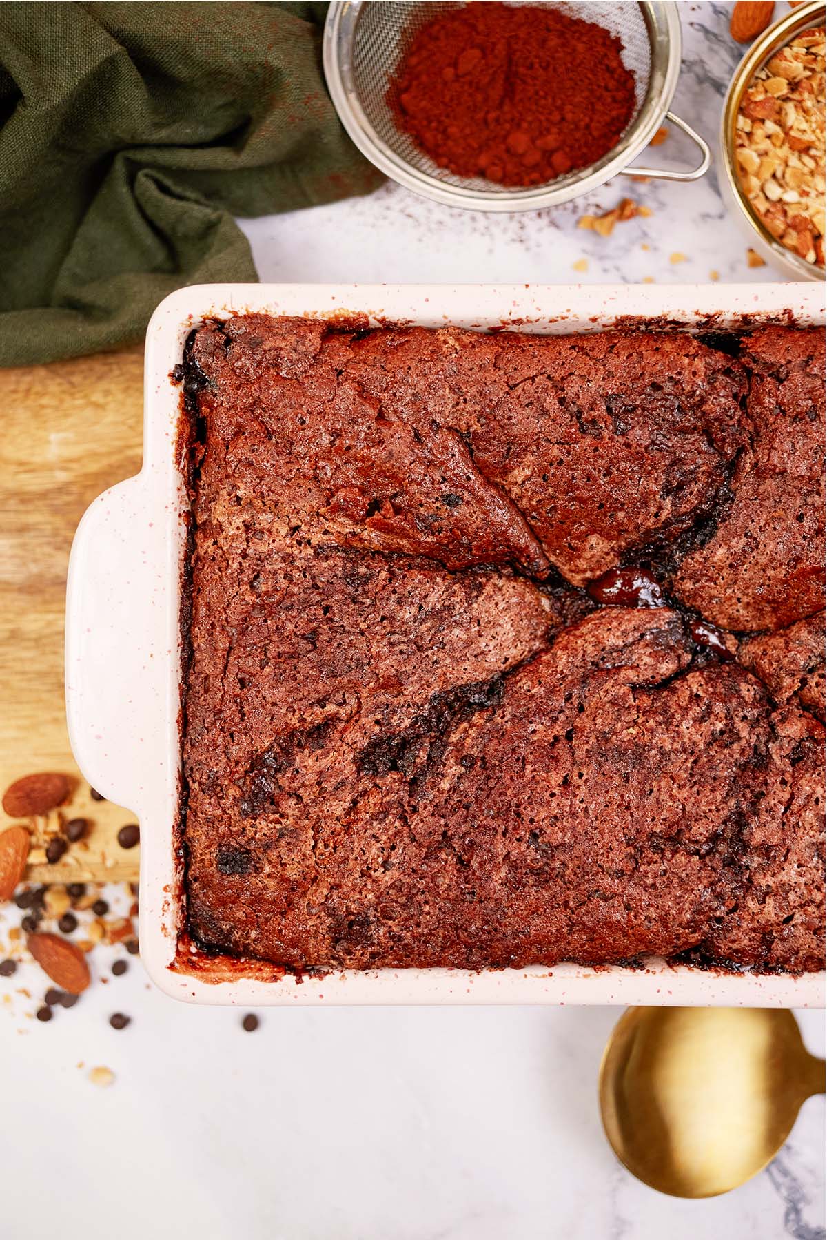 chocolate cobbler in a baking dish ready to serve