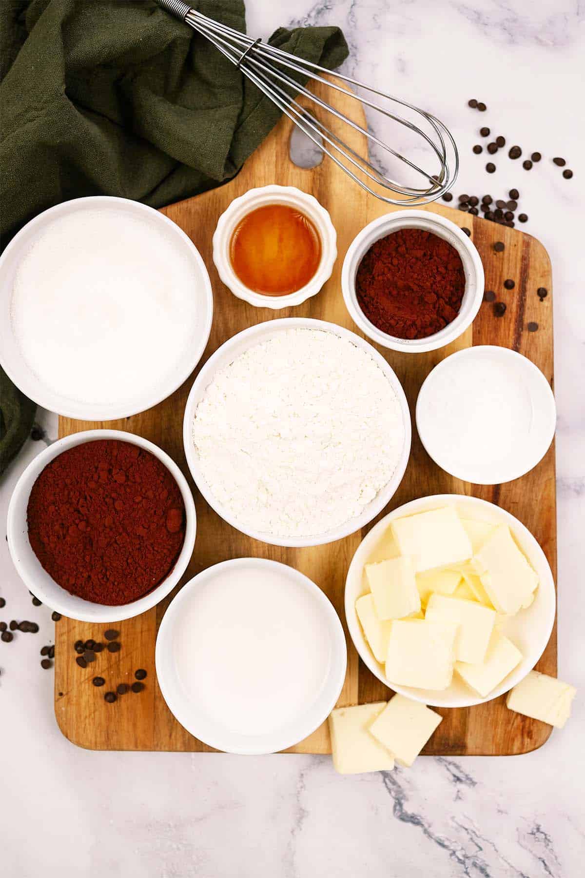 ingredients to make chocolate cobbler laid out on a table