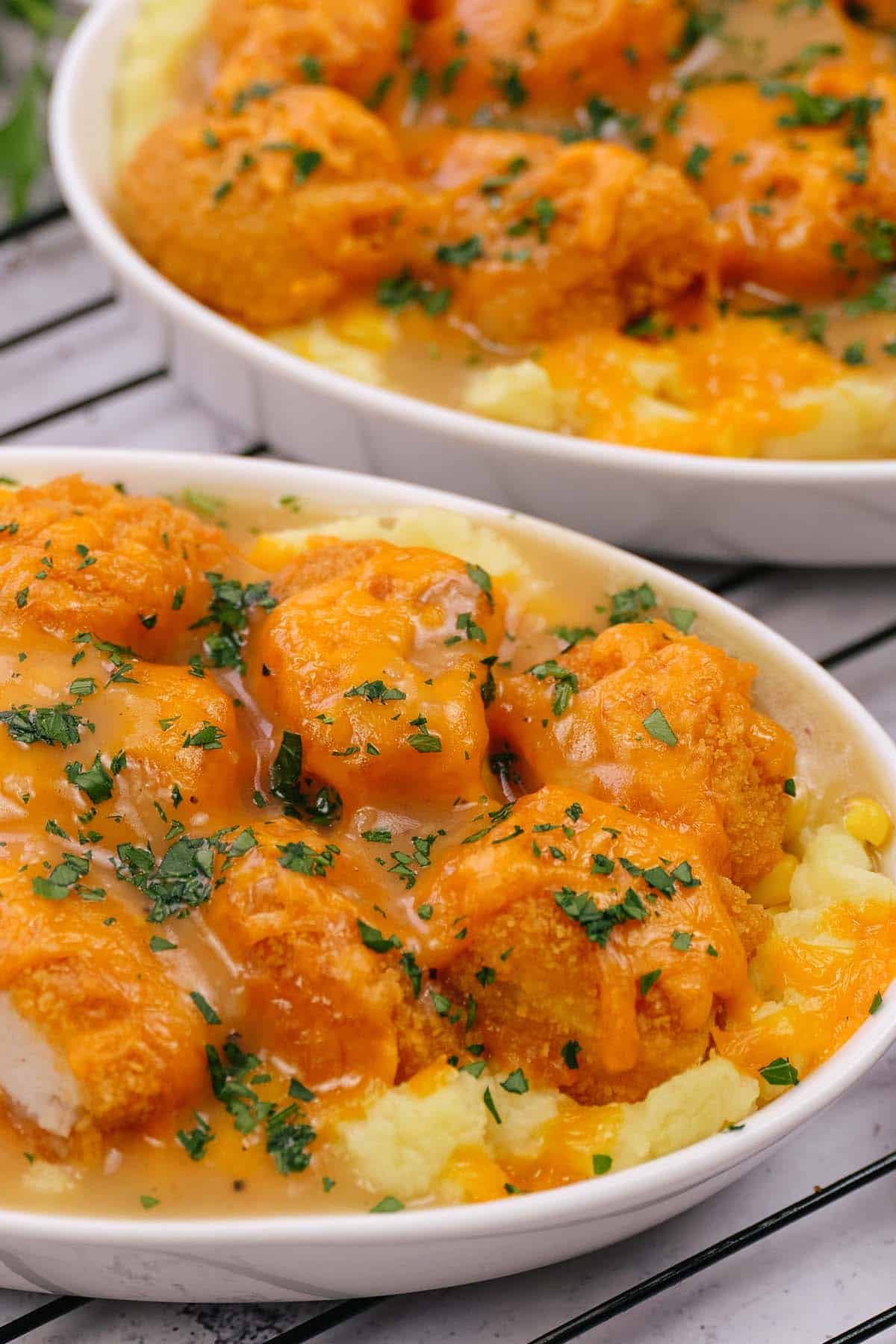 closeup of a serving bowl of copycat kfc famous bowl casserole