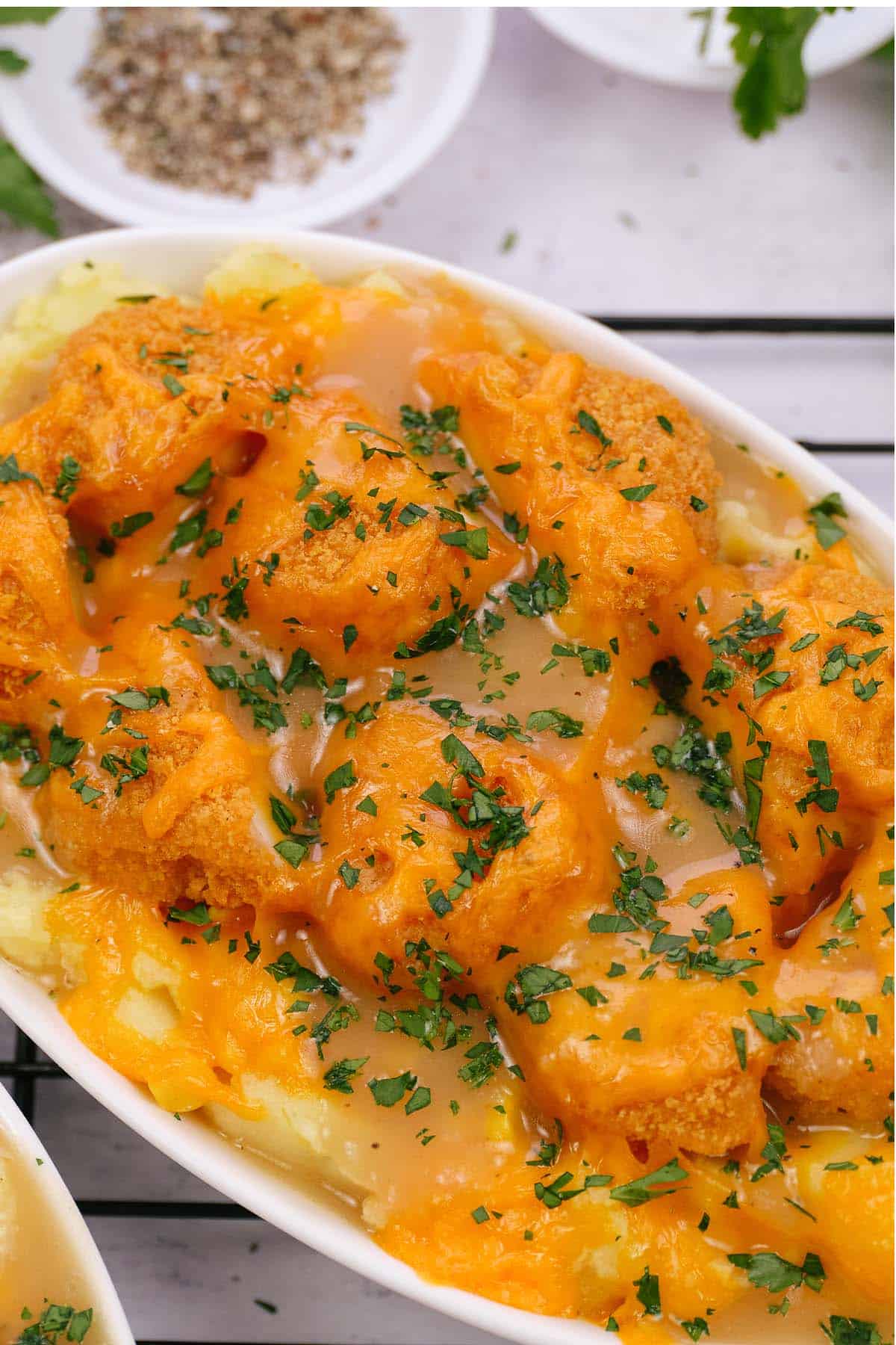 closeup of copycat kfc famous bowl casserole in a dish