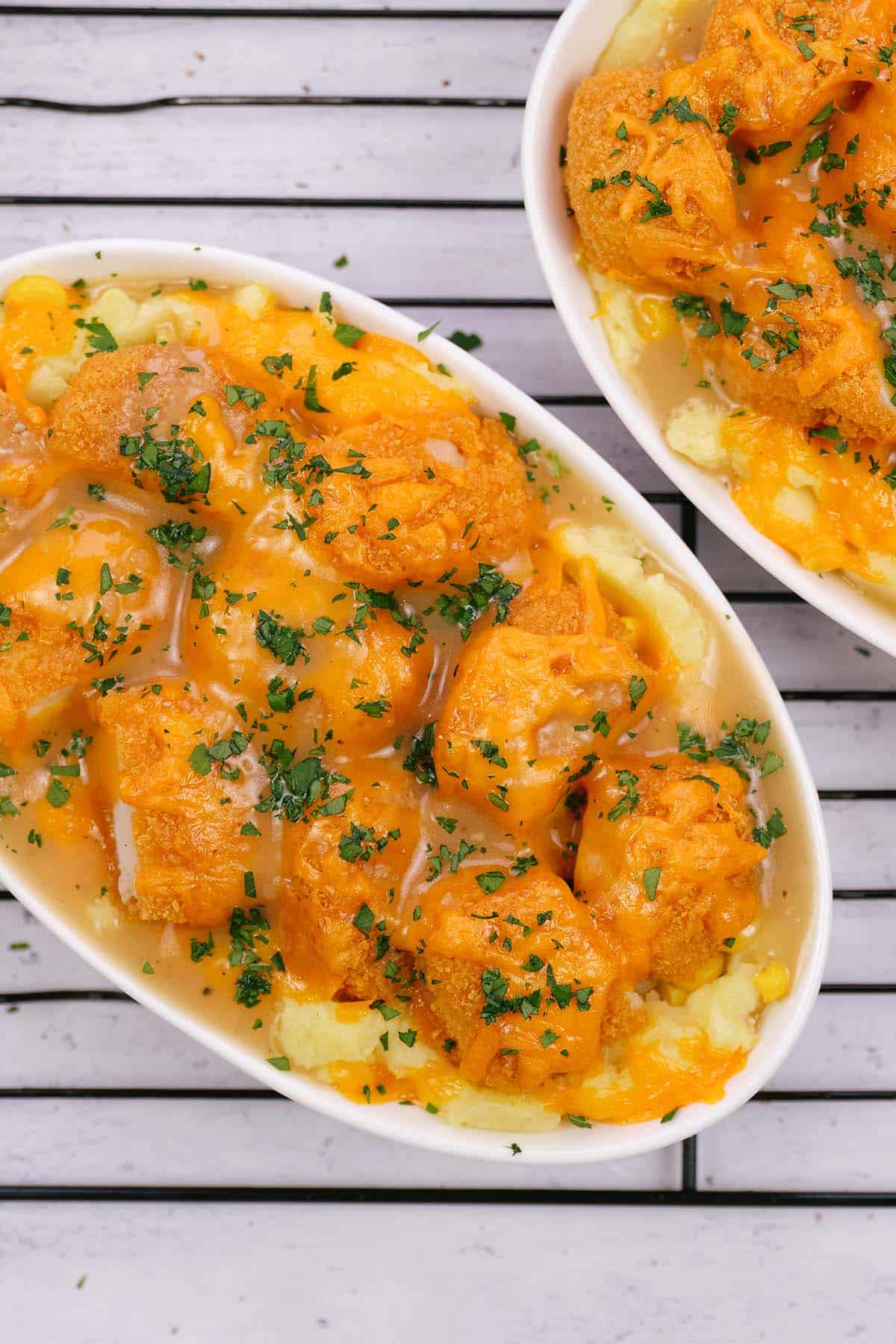 overhead view of copycat kfc famous bowl casserole in a casserole dish