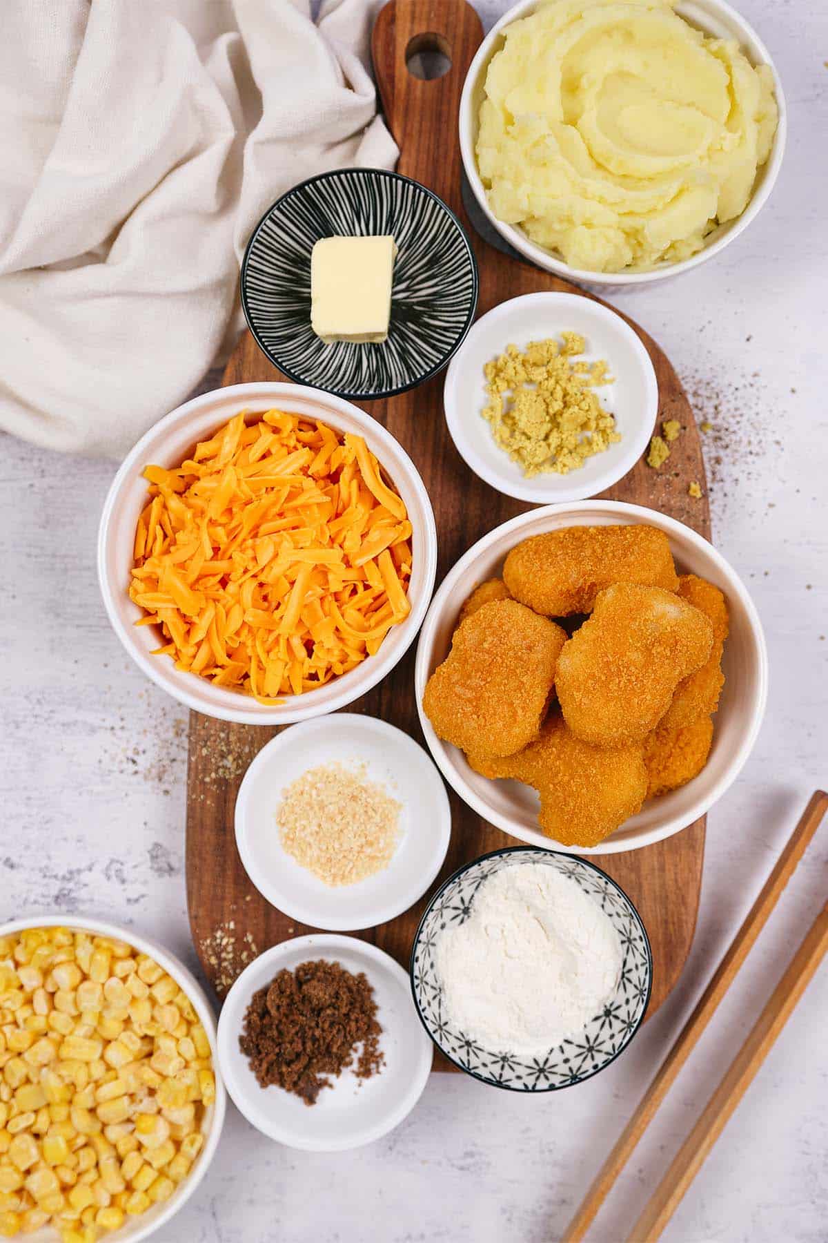 overhead view of ingredients to make copycat kfc famous bowl casserole