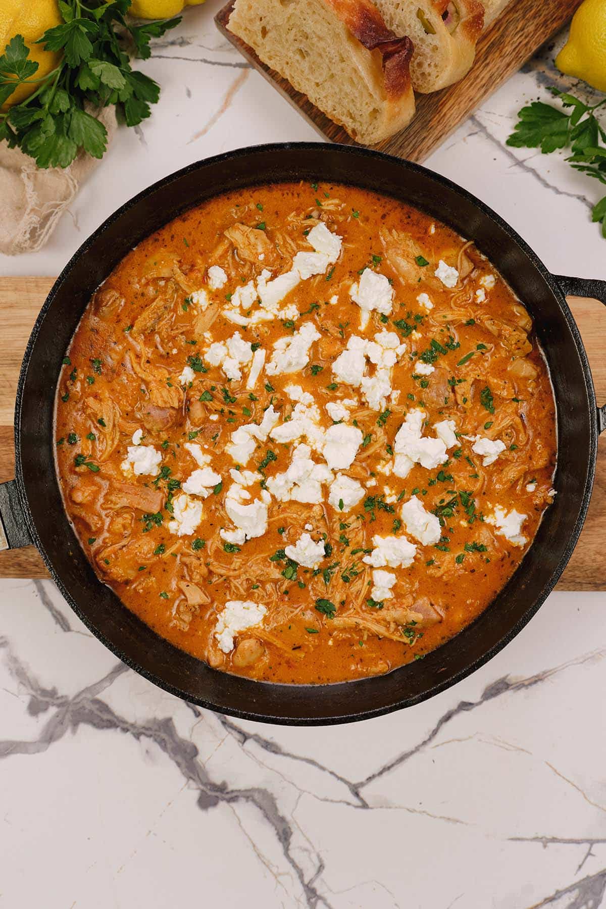 overhead view of creamy chicken casserole served in a pan