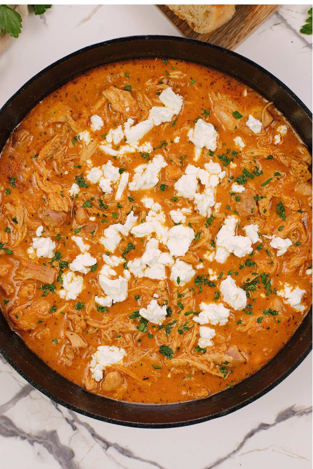 overhead view of a pan full of creamy chicken casserole