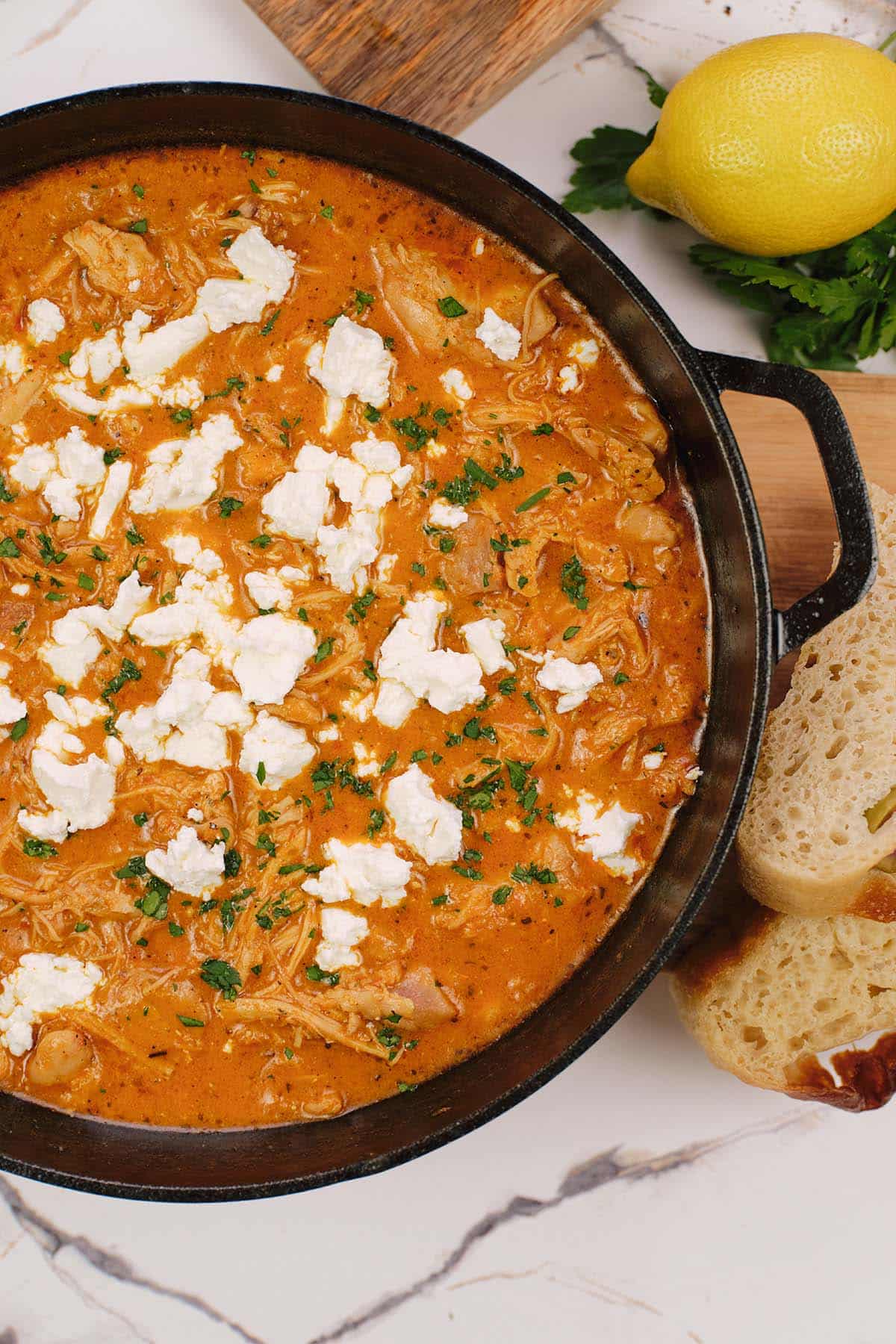 overhead view of creamy chicken casserole served in a pan