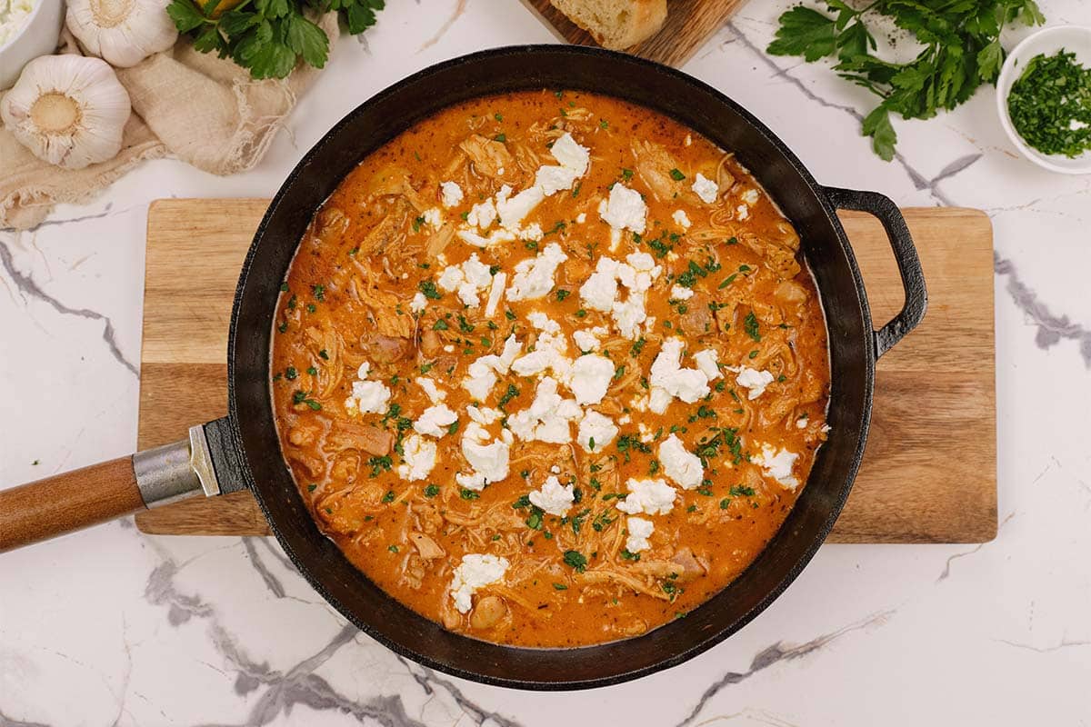 overhead view of a pan full of creamy chicken casserole