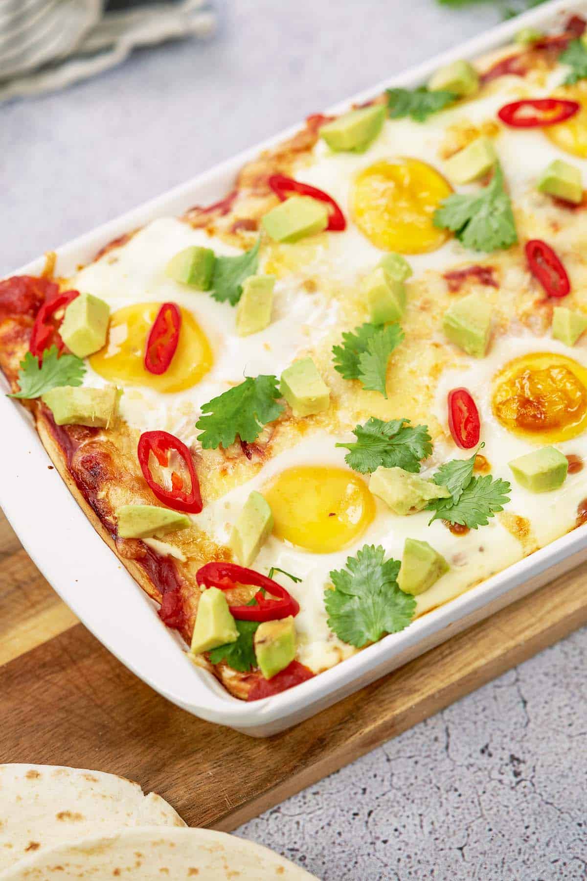 baking dish of huevos rancheros casserole ready to serve