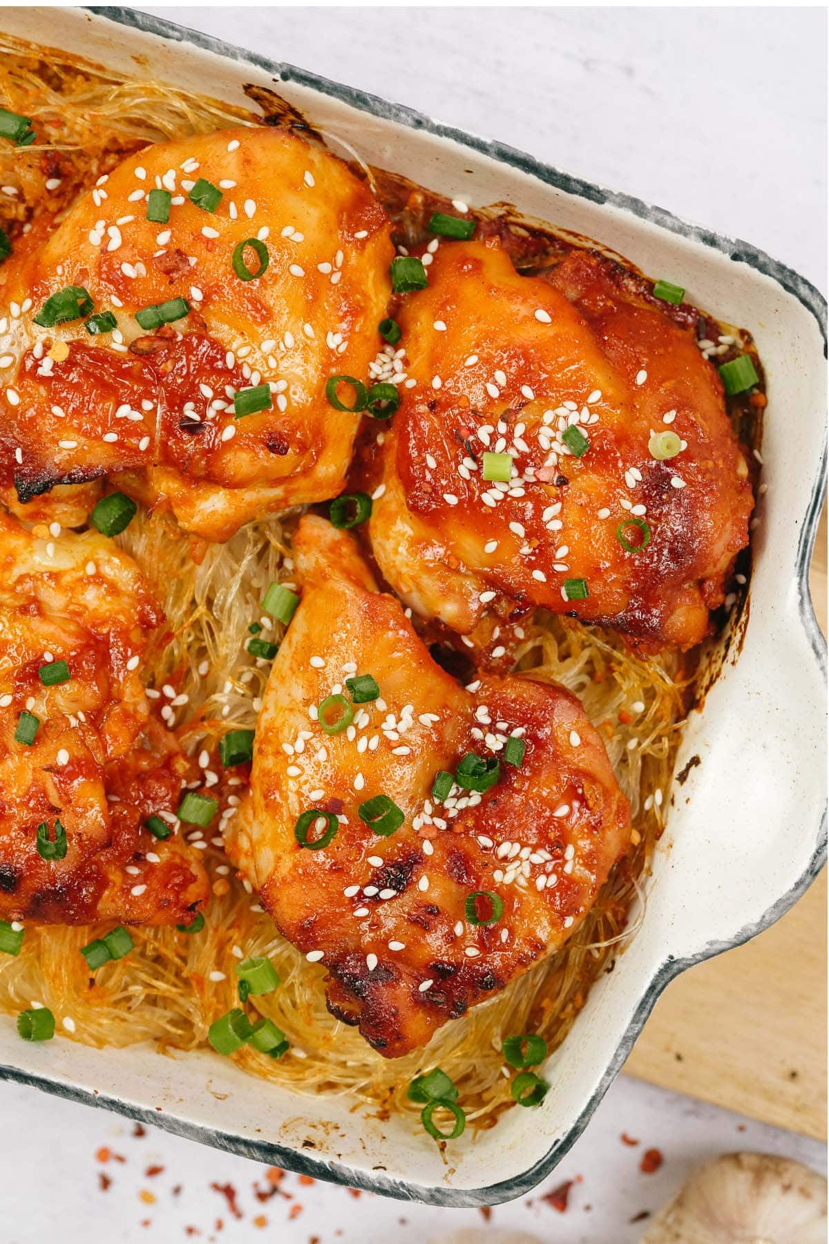 casserole dish filled with korean spicy chicken rice noodle bake