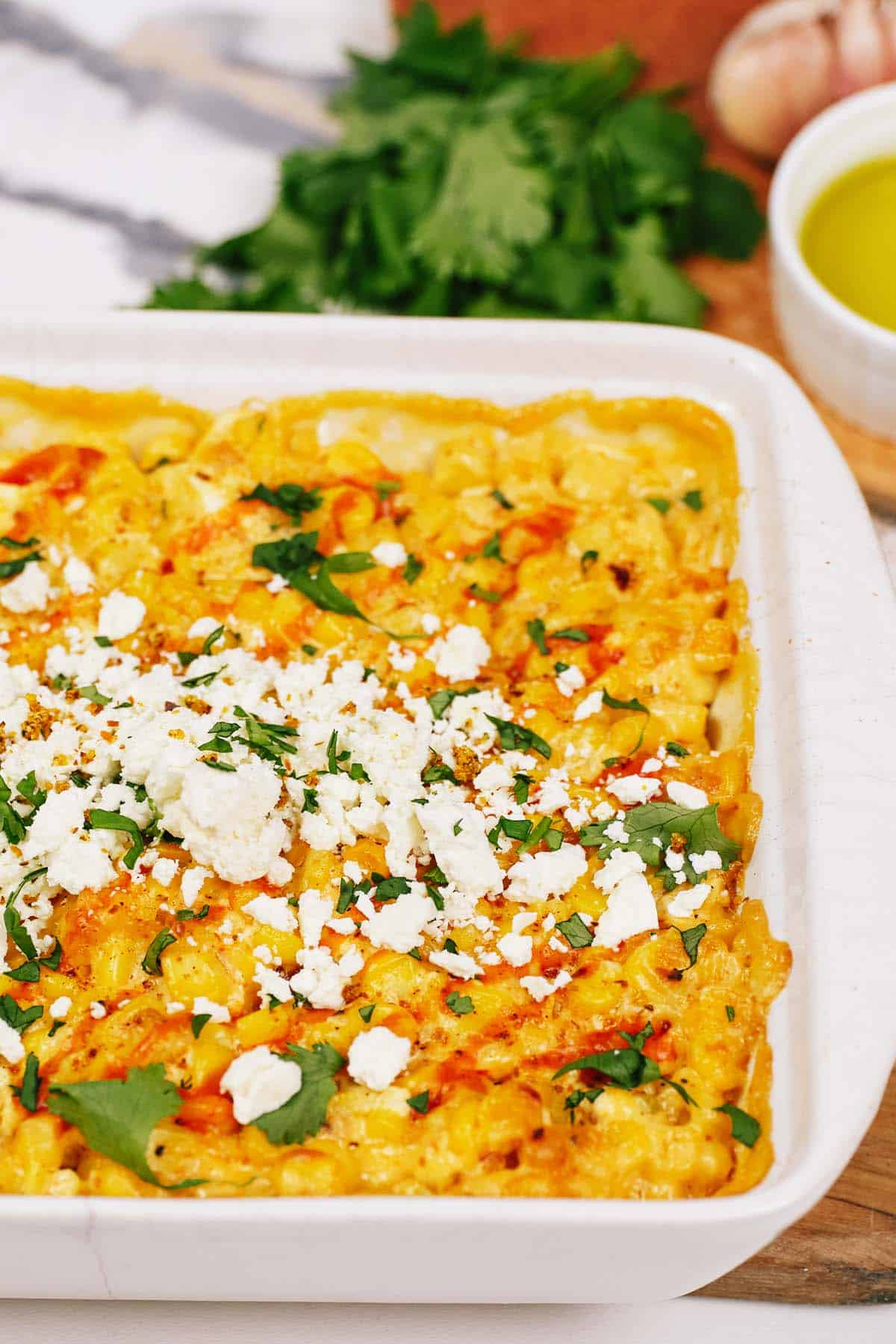 overhead view of mexican street corn casserole in a casserole dish