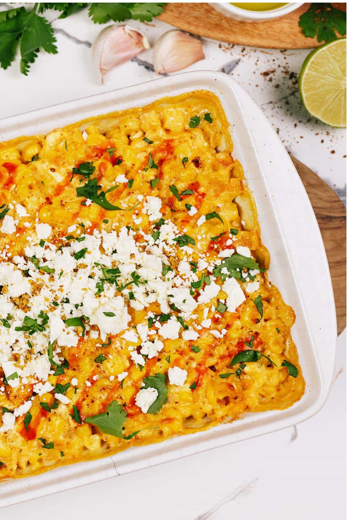 overhead view of a casserole dish of mexican street corn casserole