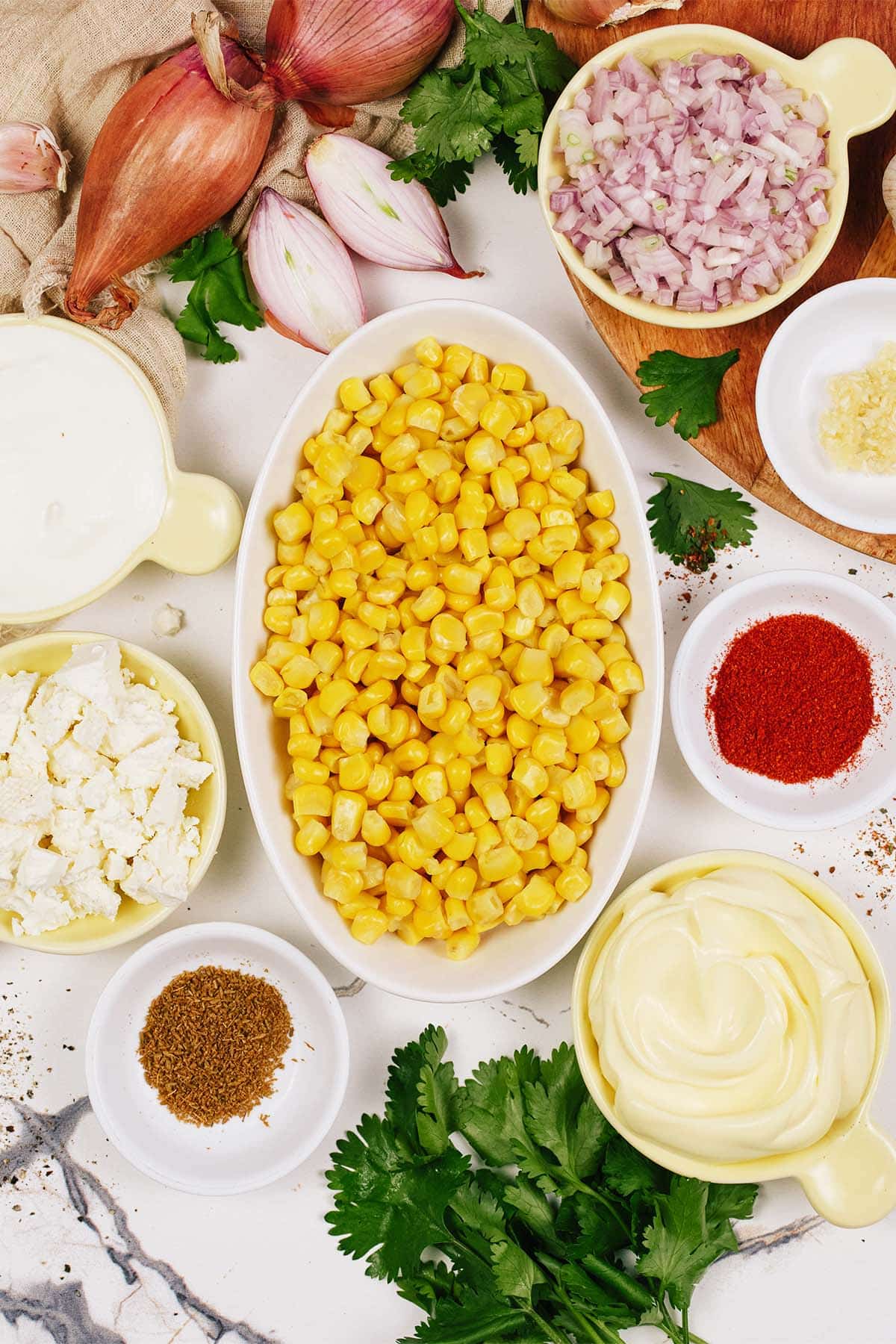 overhead view of ingredients to make mexican street corn casserole