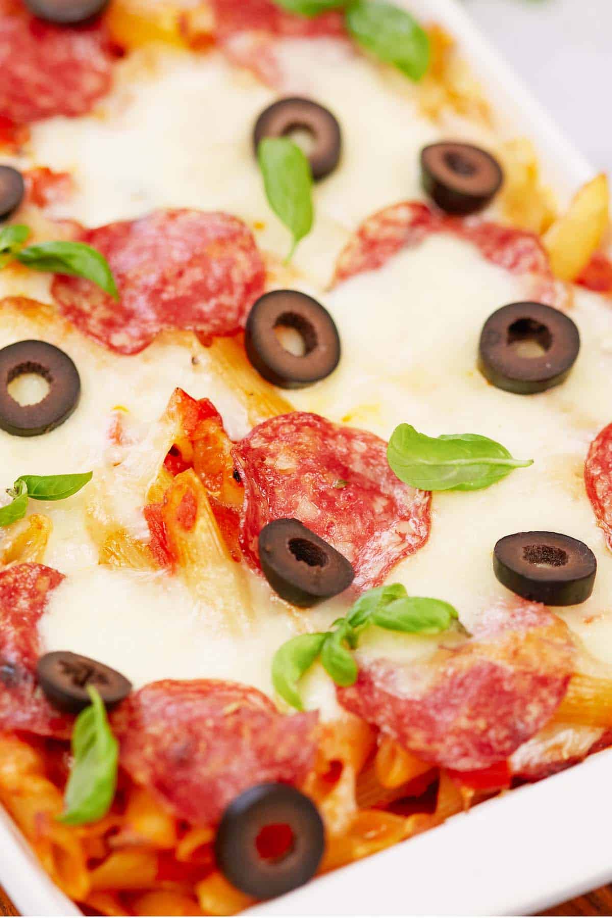 closeup of pepperoni pasta bake