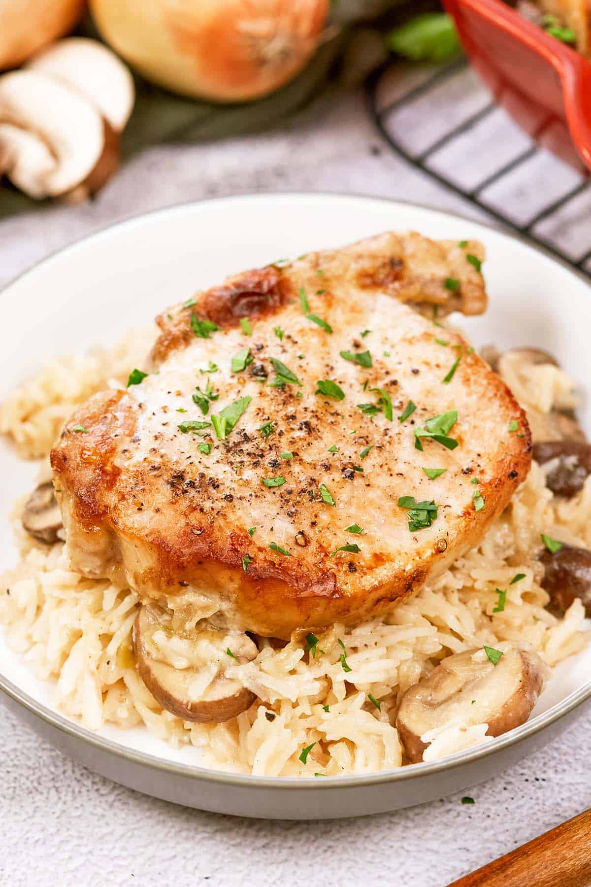 single serving of pork chops and rice casserole on a plate ready to enjoy