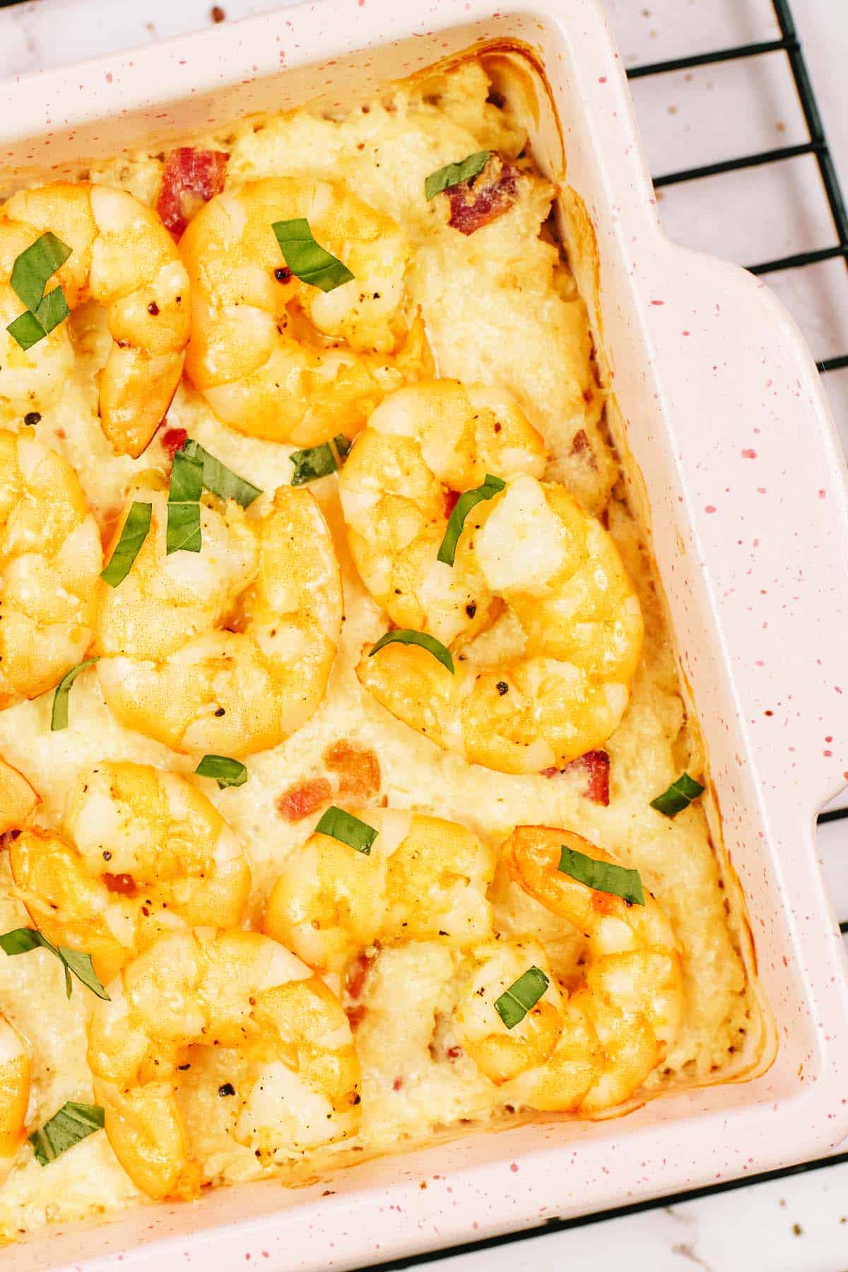 baking dish full of shrimp and cauliflower bake