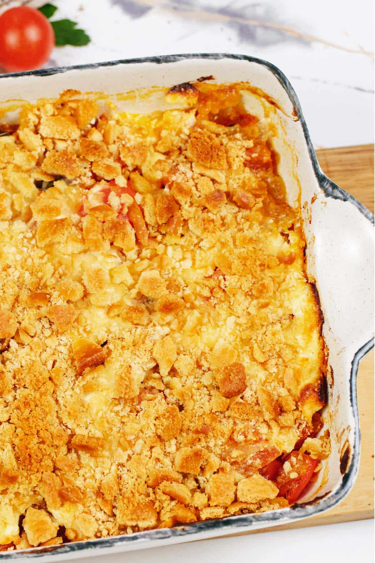 closeup of a baking dish of tomato casserole