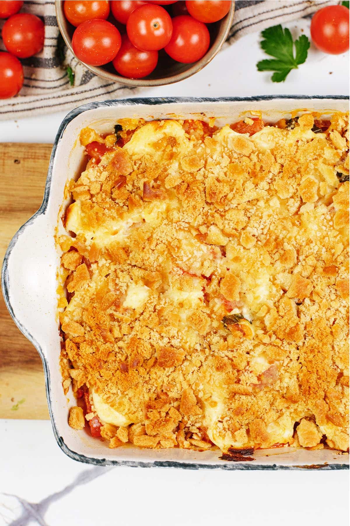 Closeup of tomato casserole in a baking dish