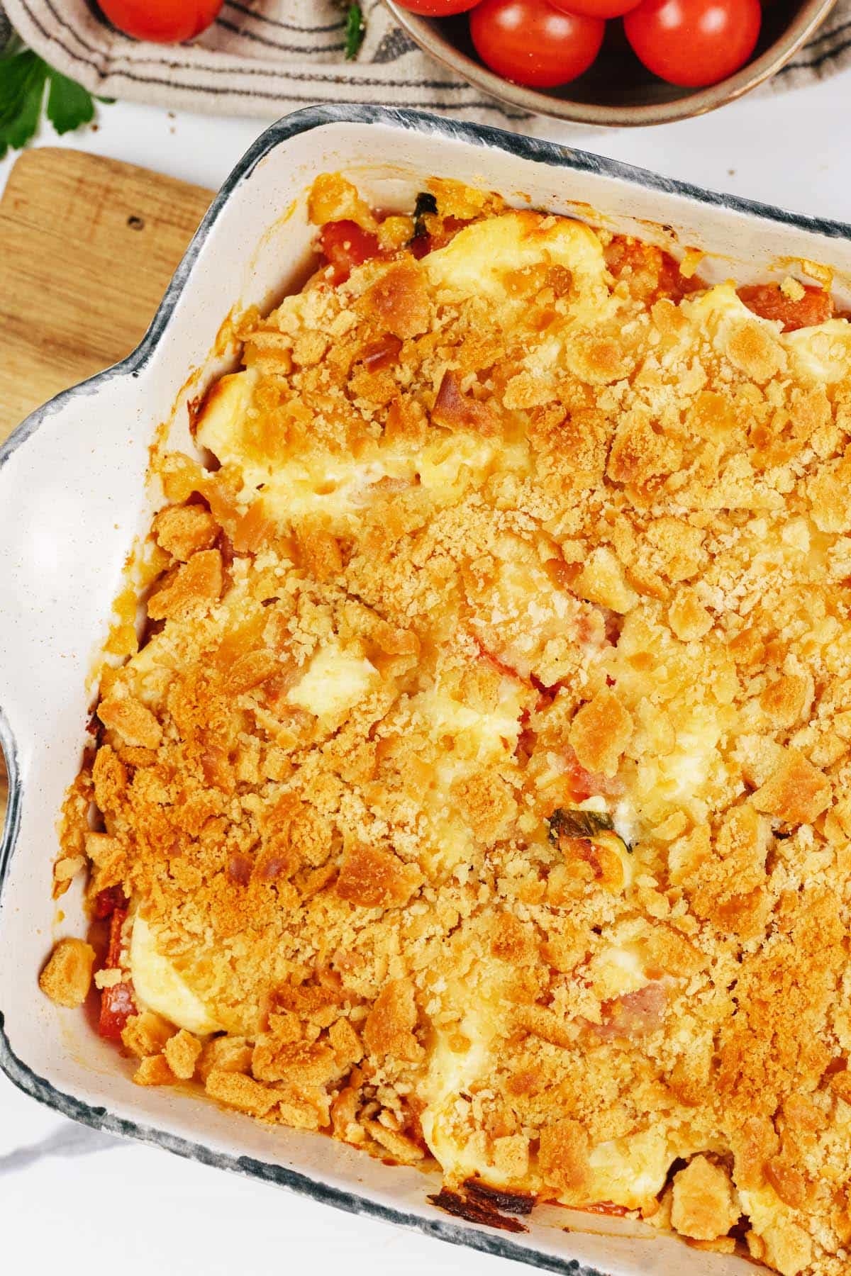 closeup of baking dish filled with tomato casserole