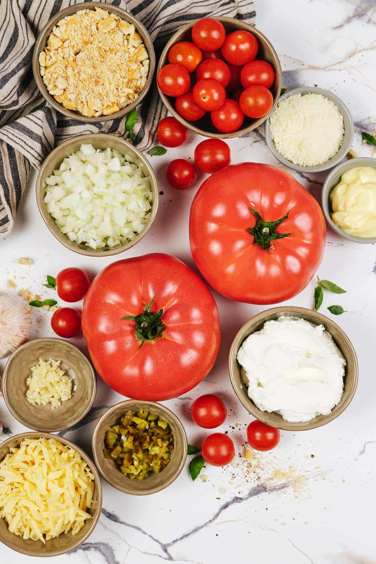 overhead view of ingredients to make tomato casserole