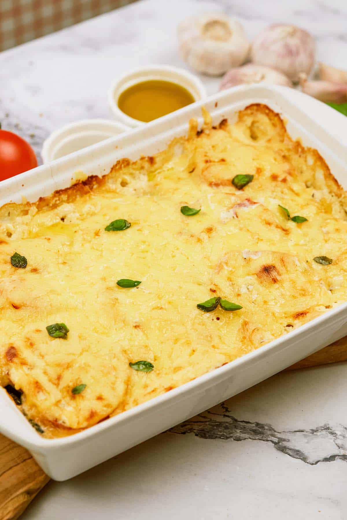 baking dish filled with zucchini tomato casserole
