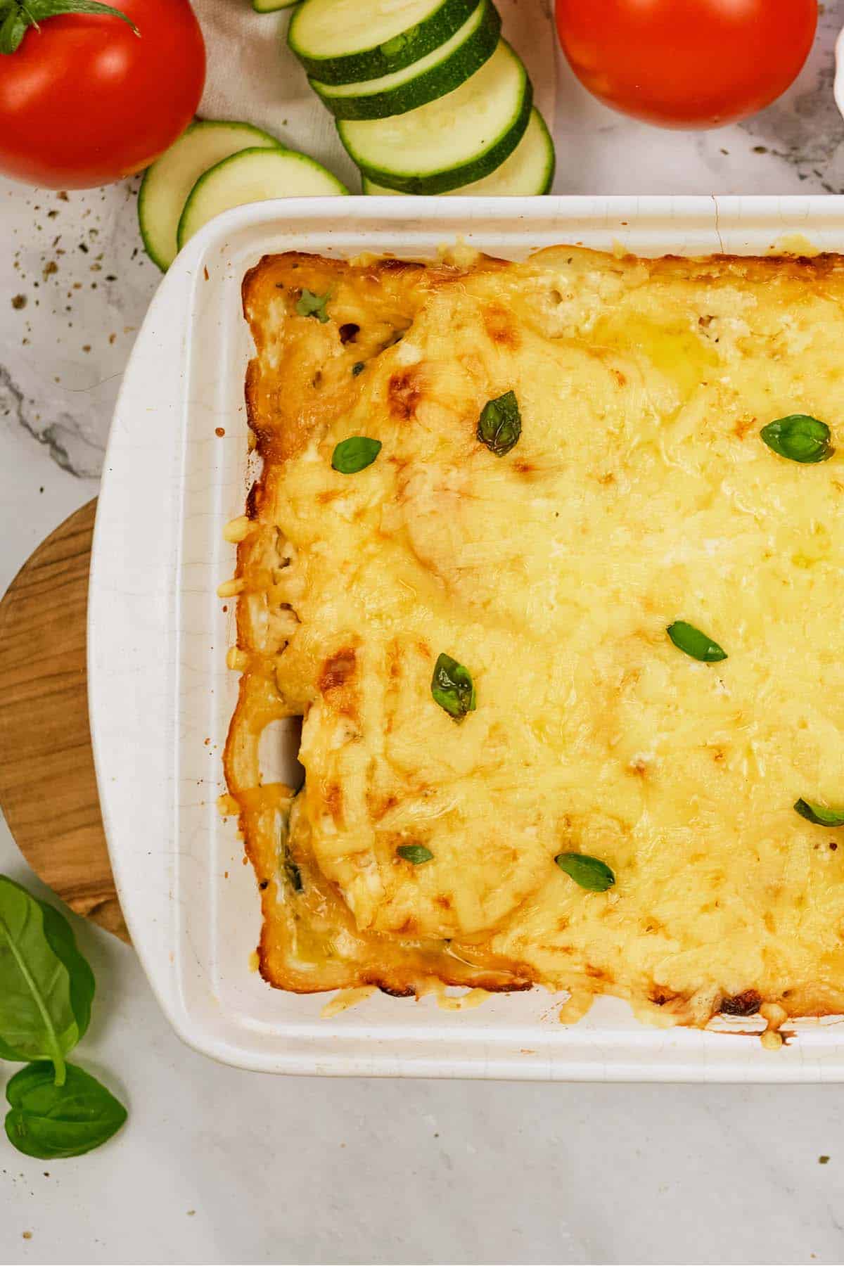 baking dish filled with zucchini tomato casserole