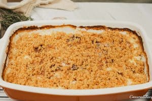 final step in assembling Cacio e Pepe Casserole just prior to baking