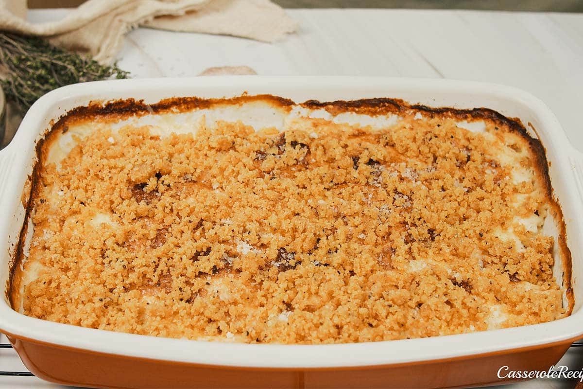 final step in assembling Cacio e Pepe Casserole just prior to baking