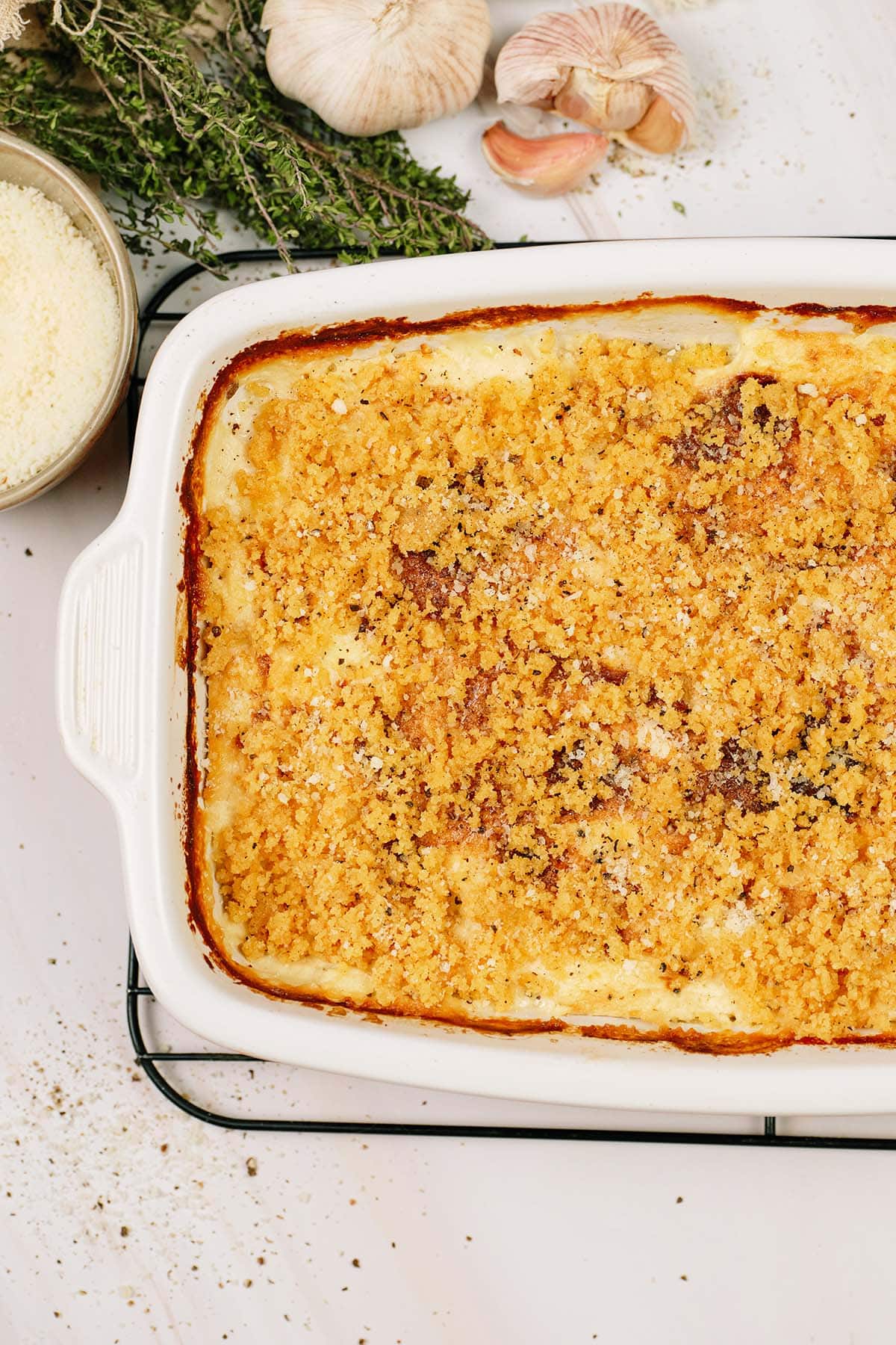baking dish full of Cacio e Pepe Casserole