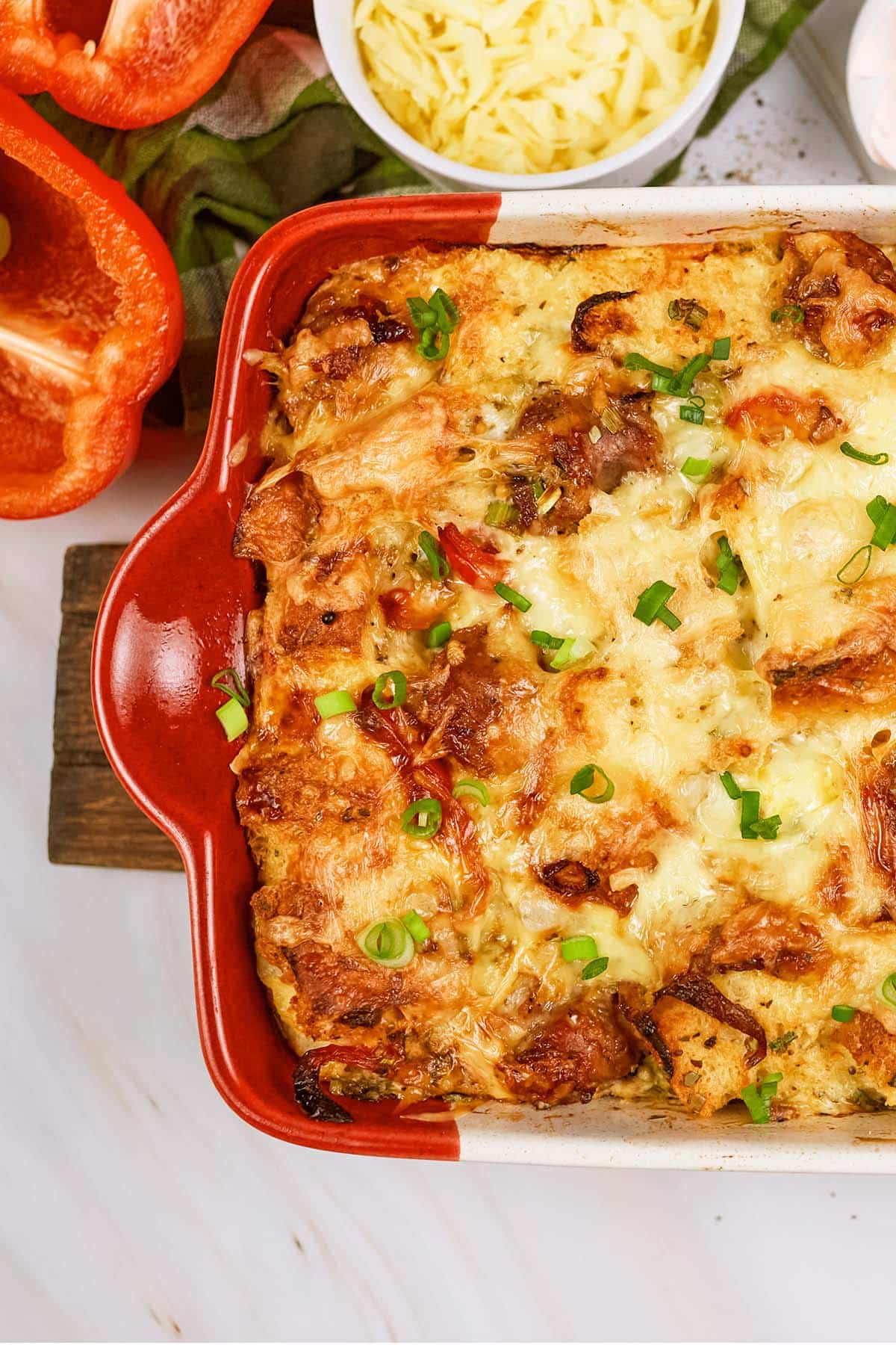 baking dish filled with Cheesy Sausage Breakfast Casserole