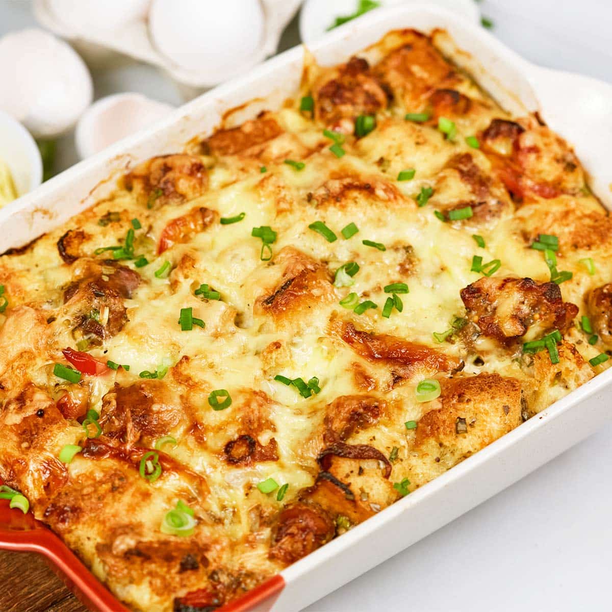 baking dish of Cheesy Sausage Breakfast Casserole