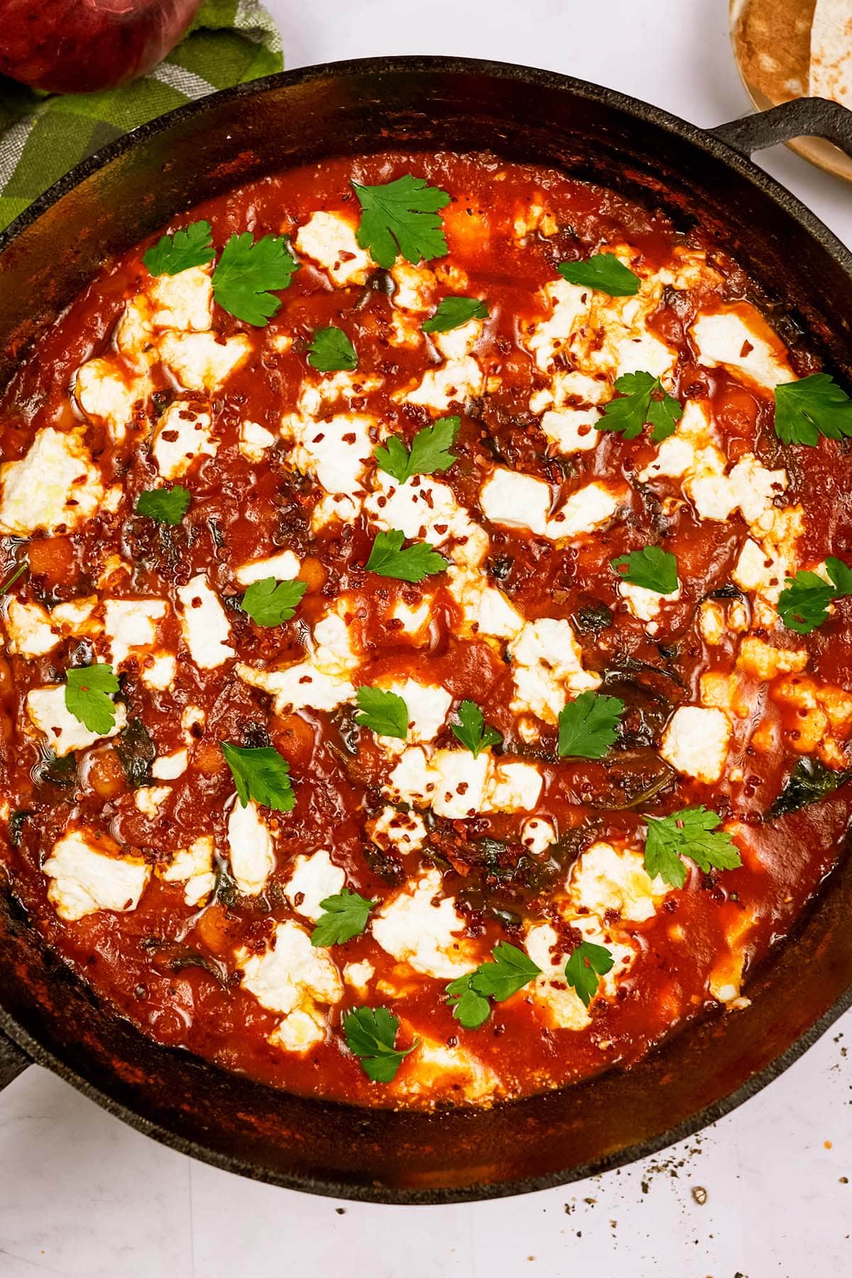 baking dish of Mediterranean Chickpea Casserole ready to serve