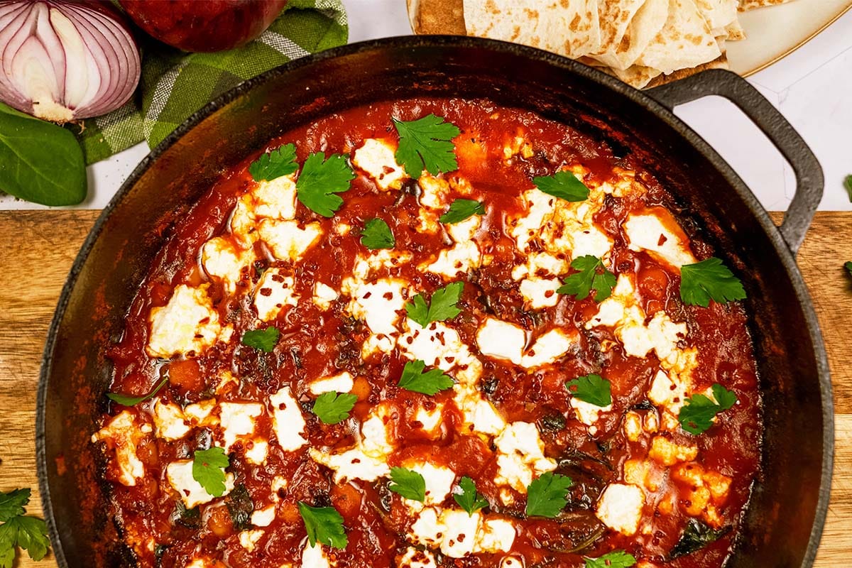 baking dish filled with Mediterranean Chickpea Casserole