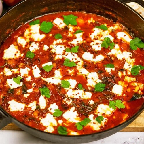 baking dish full of Mediterranean Chickpea Casserole ready to serve