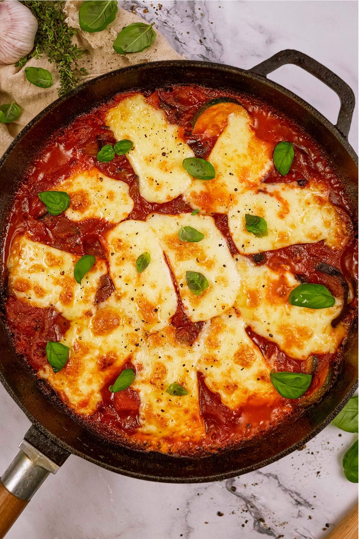 overhead view of Tomato and Houllimi Bake in a casserole dish