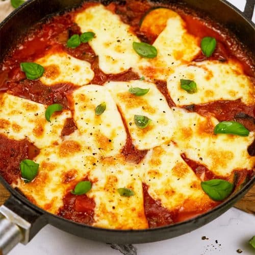 casserole dish filled with Tomato and Houllimi Bake