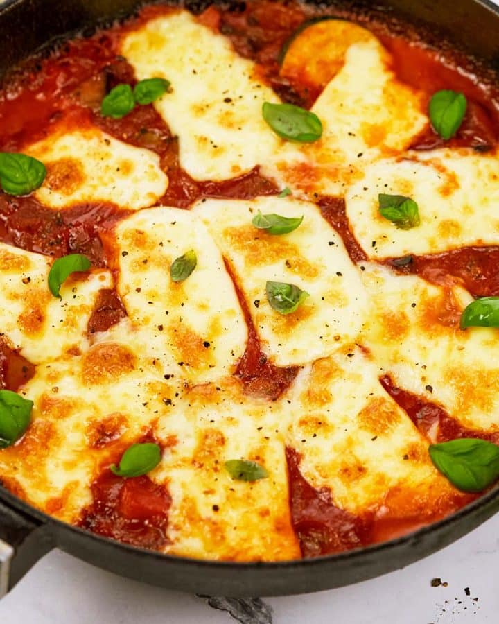 casserole dish filled with Tomato and Houllimi Bake