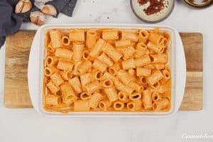 final step of making baked feta pasta prior to baking
