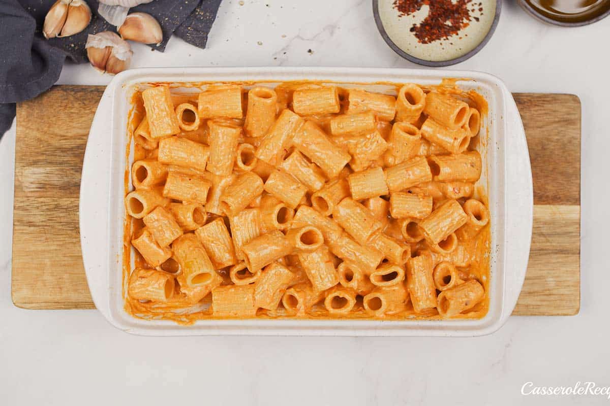 final step of making baked feta pasta prior to baking