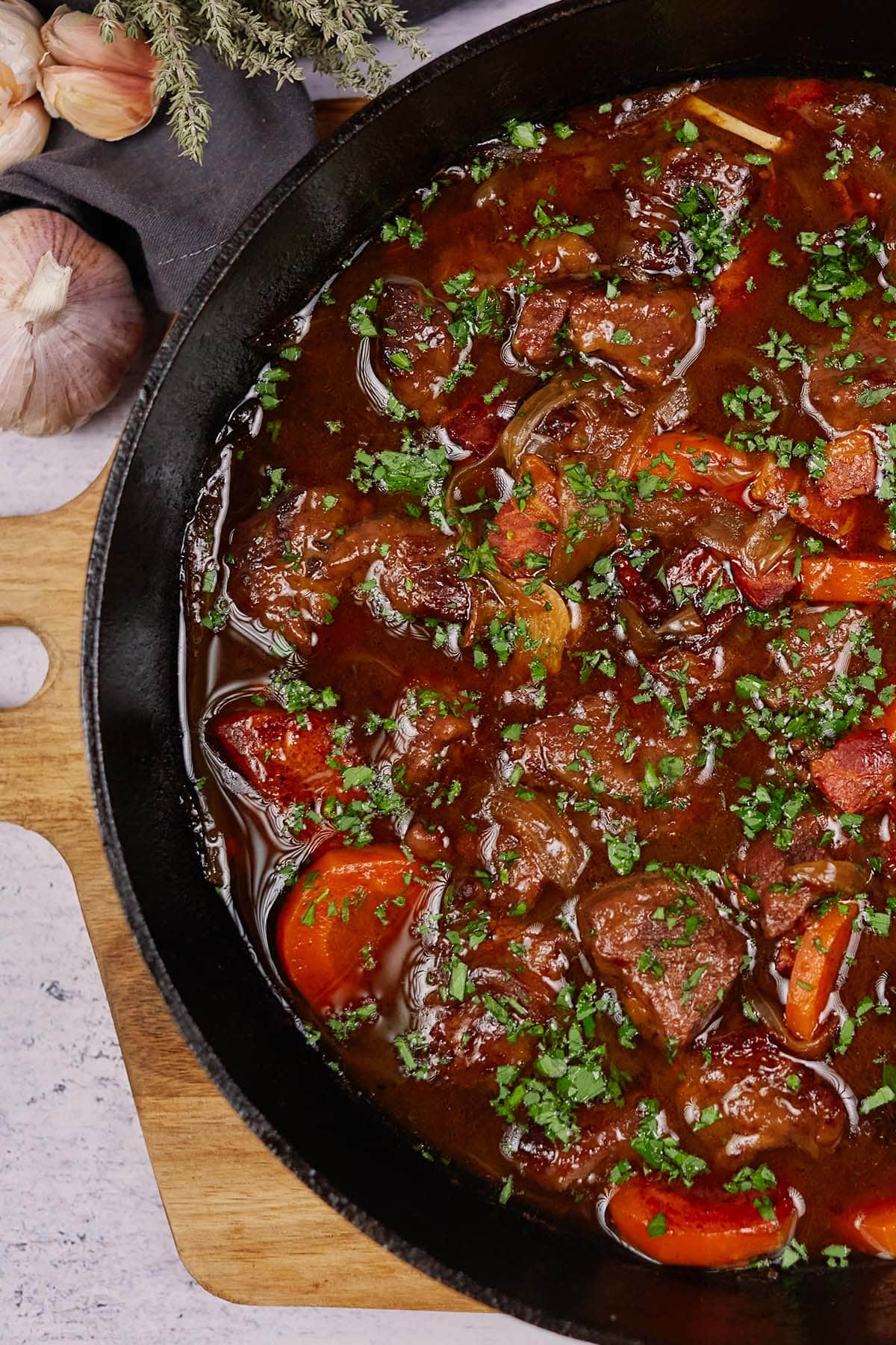 cast iron skillet filled with the best beef casserole recipe