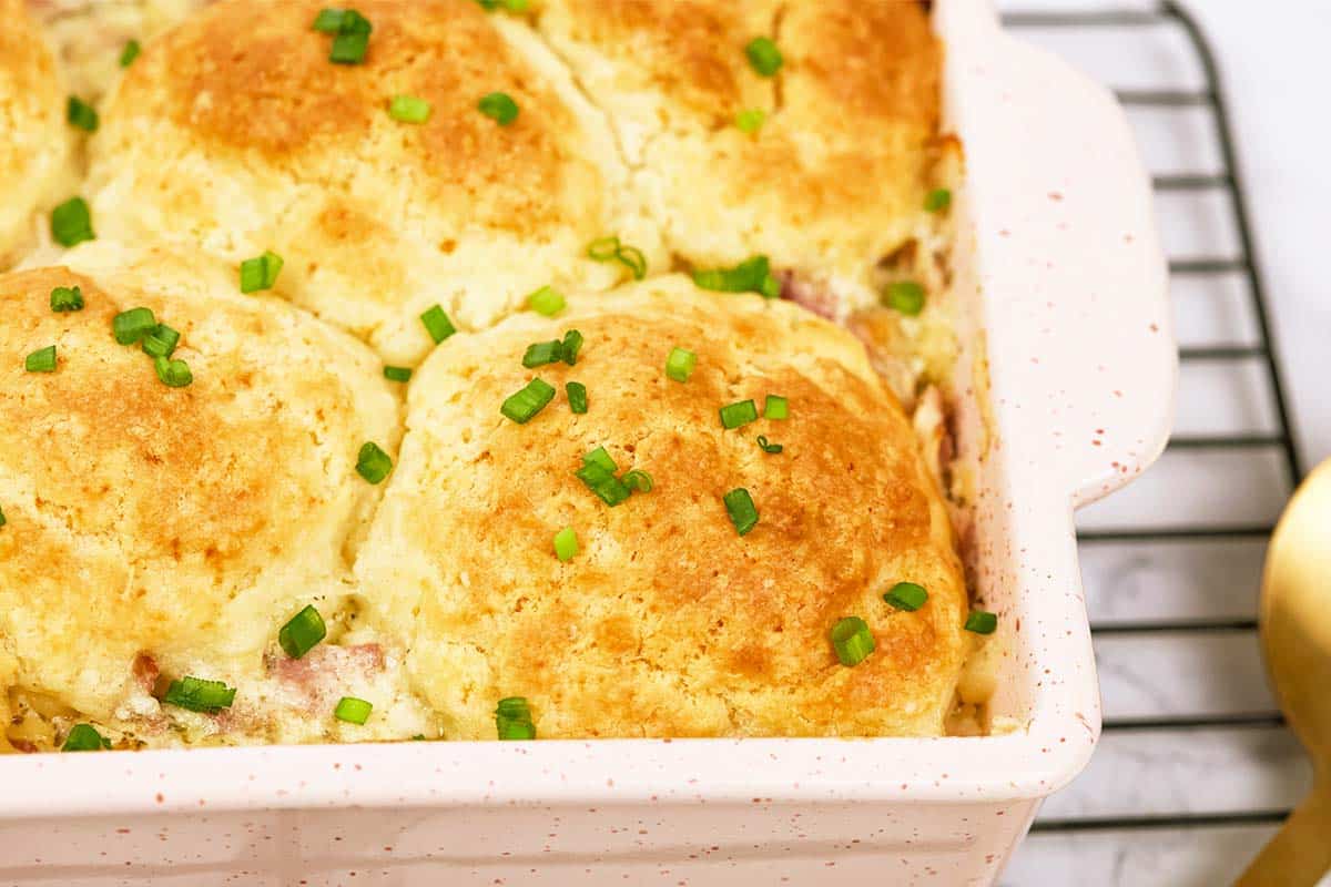 closeup of chicken cordon bleu bubble-up bake in a baking dish