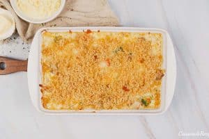 baking dish of chicken divan on a table just prior to baking