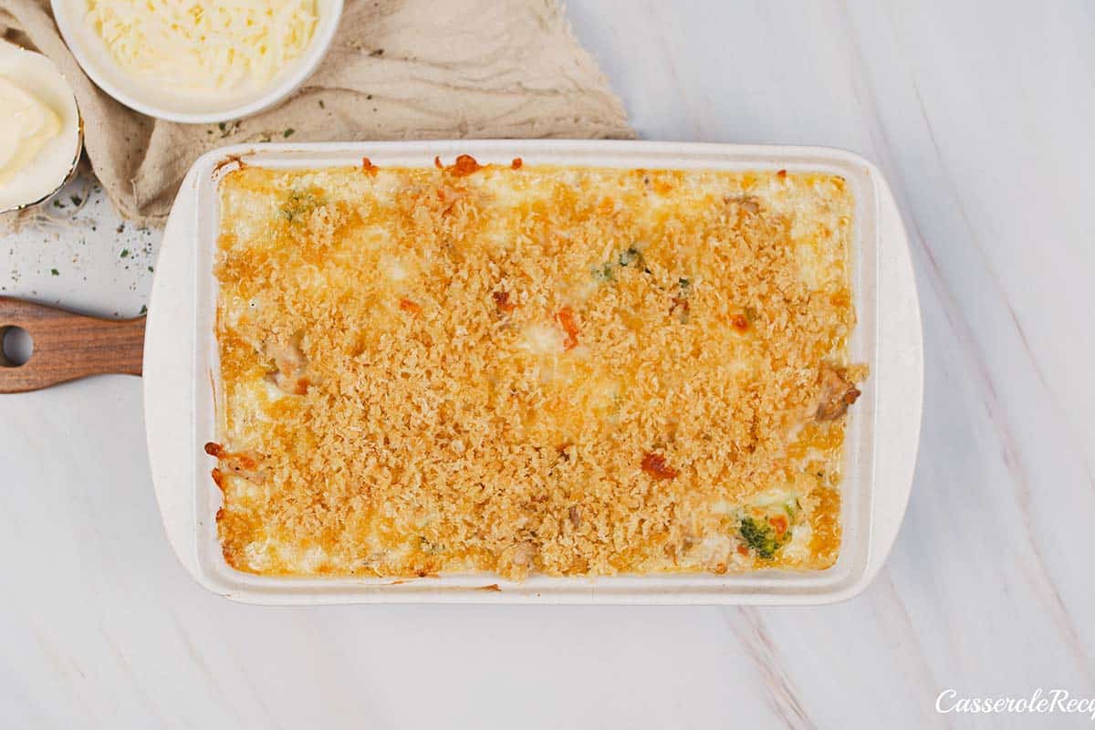 baking dish of chicken divan on a table just prior to baking