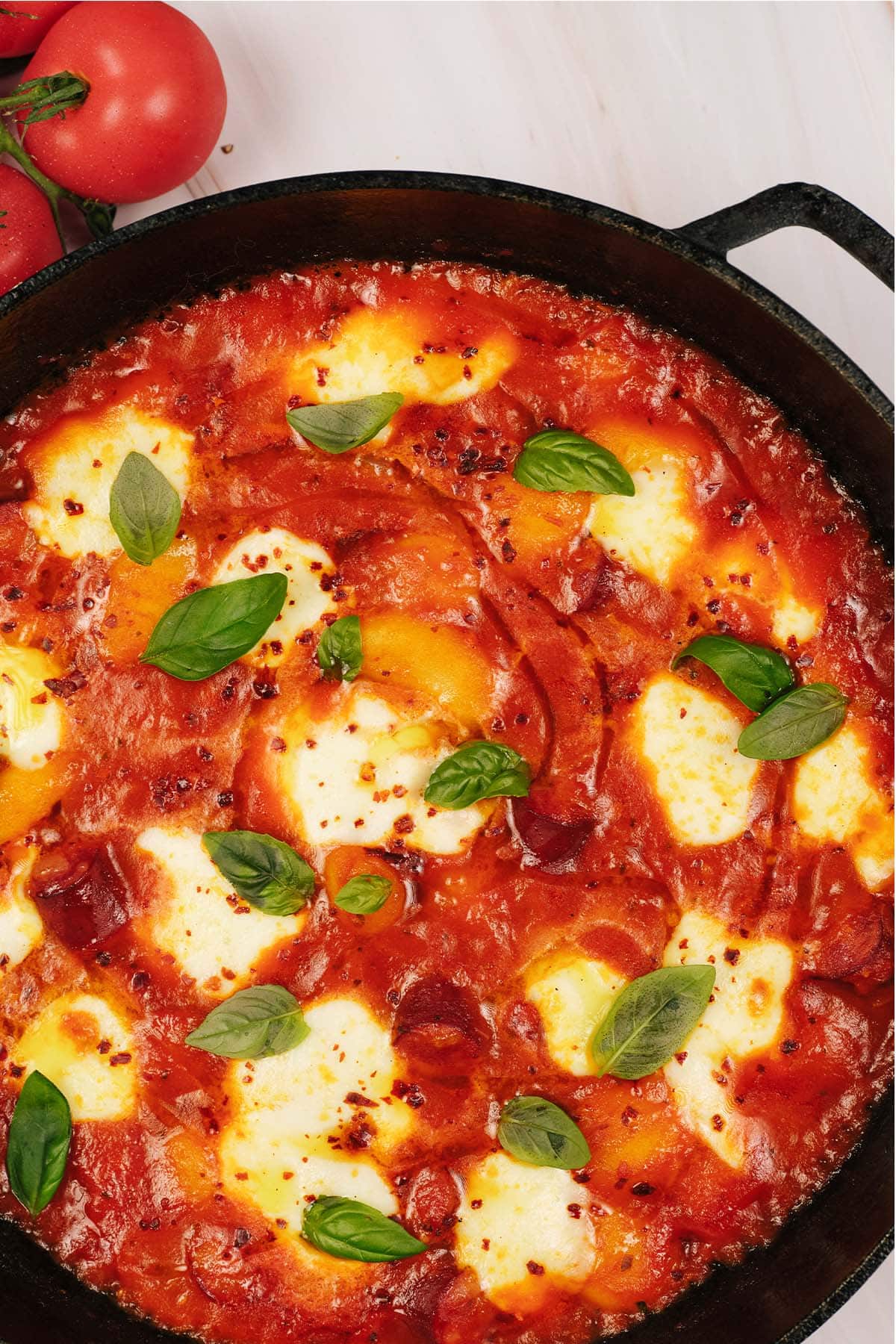 closeup of a casserole dish filled with chorizo gnocchi bake