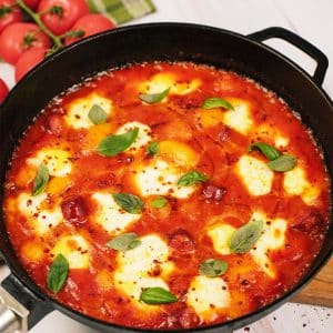 chorizo gnocchi bake in a large casserole dish ready for serving