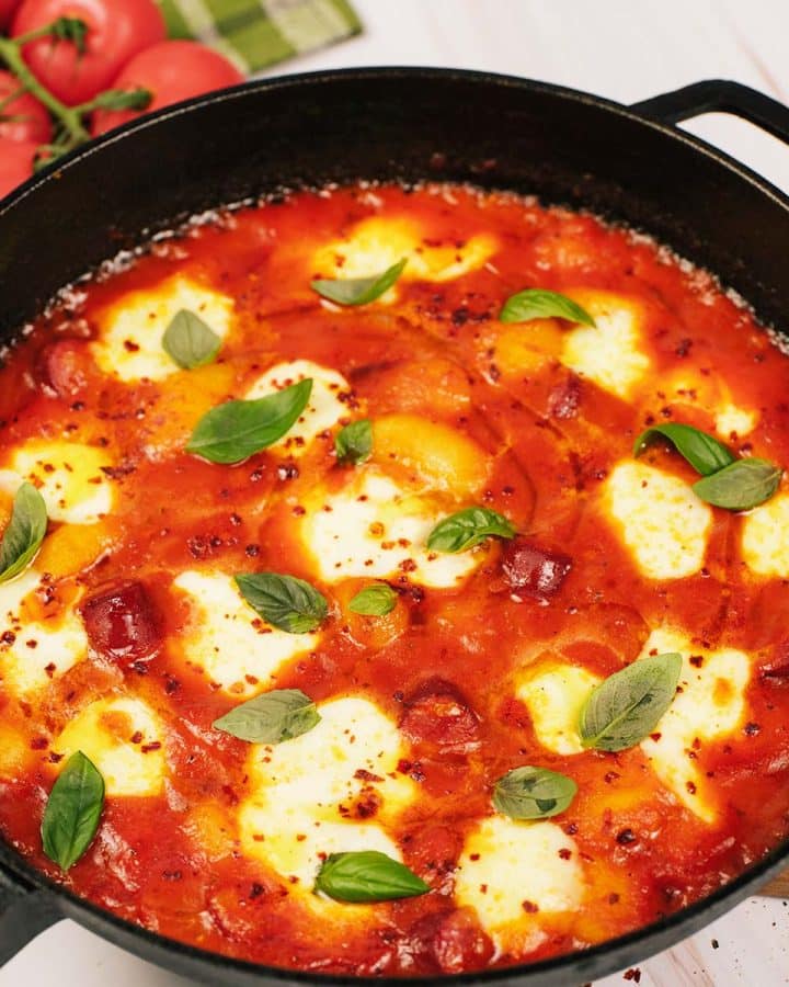 chorizo gnocchi bake in a large casserole dish ready for serving