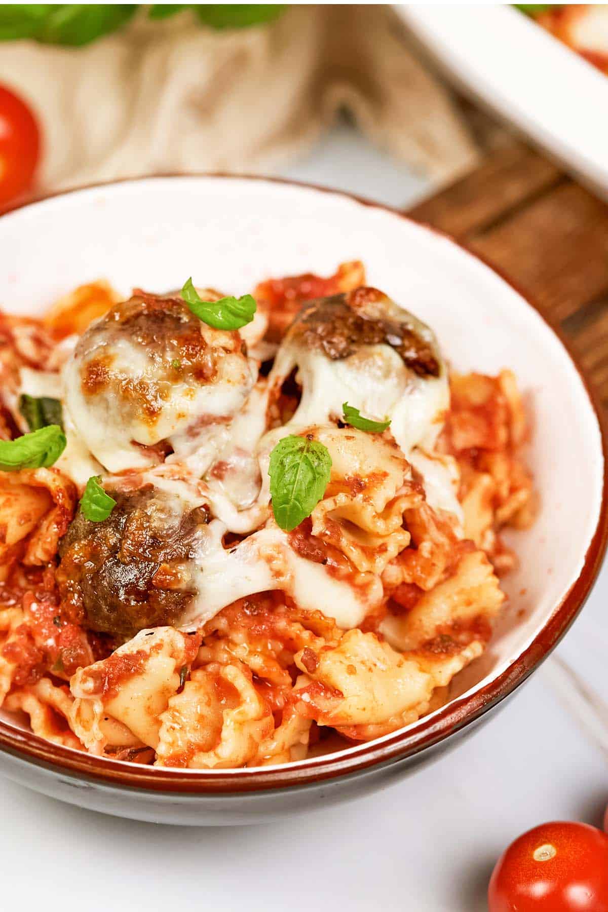 closeup of a bowl of dump and go meatball lasagna