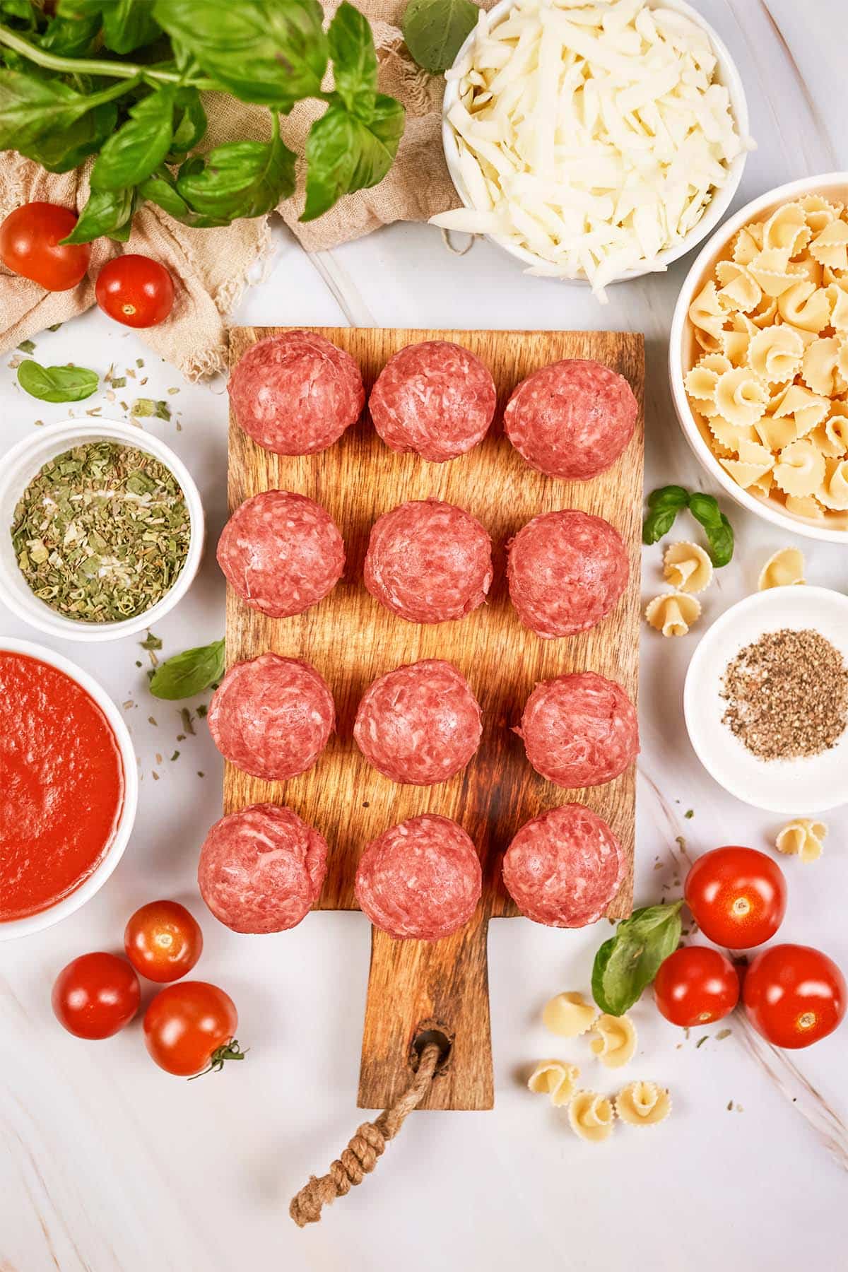 ingredients to make dump and go meatball lasagna laid-out on a table