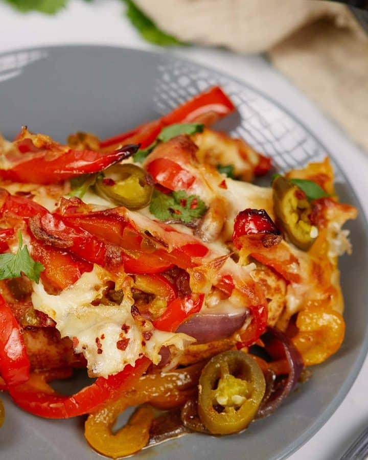 serving of fajita chicken bake on a plate ready to enjoy